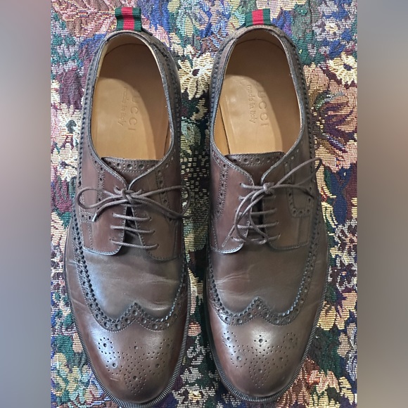 Gucci Signature Stripe Wingtip Brown Leather Men’s Brogue Oxfords Size 11 US 12 - Picture 13 of 15
